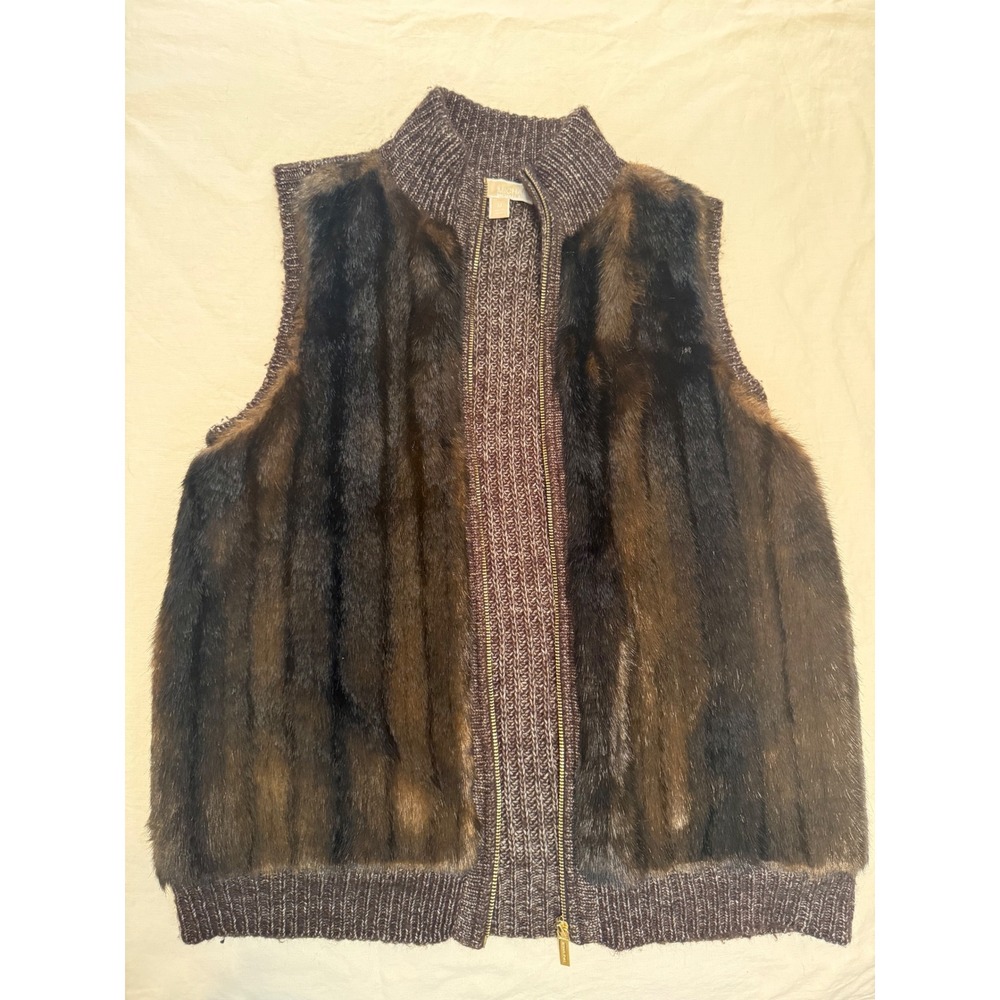Michael Kors Womens Brown Faux Fur Front Chunky Knit Zip Up Vest Size M